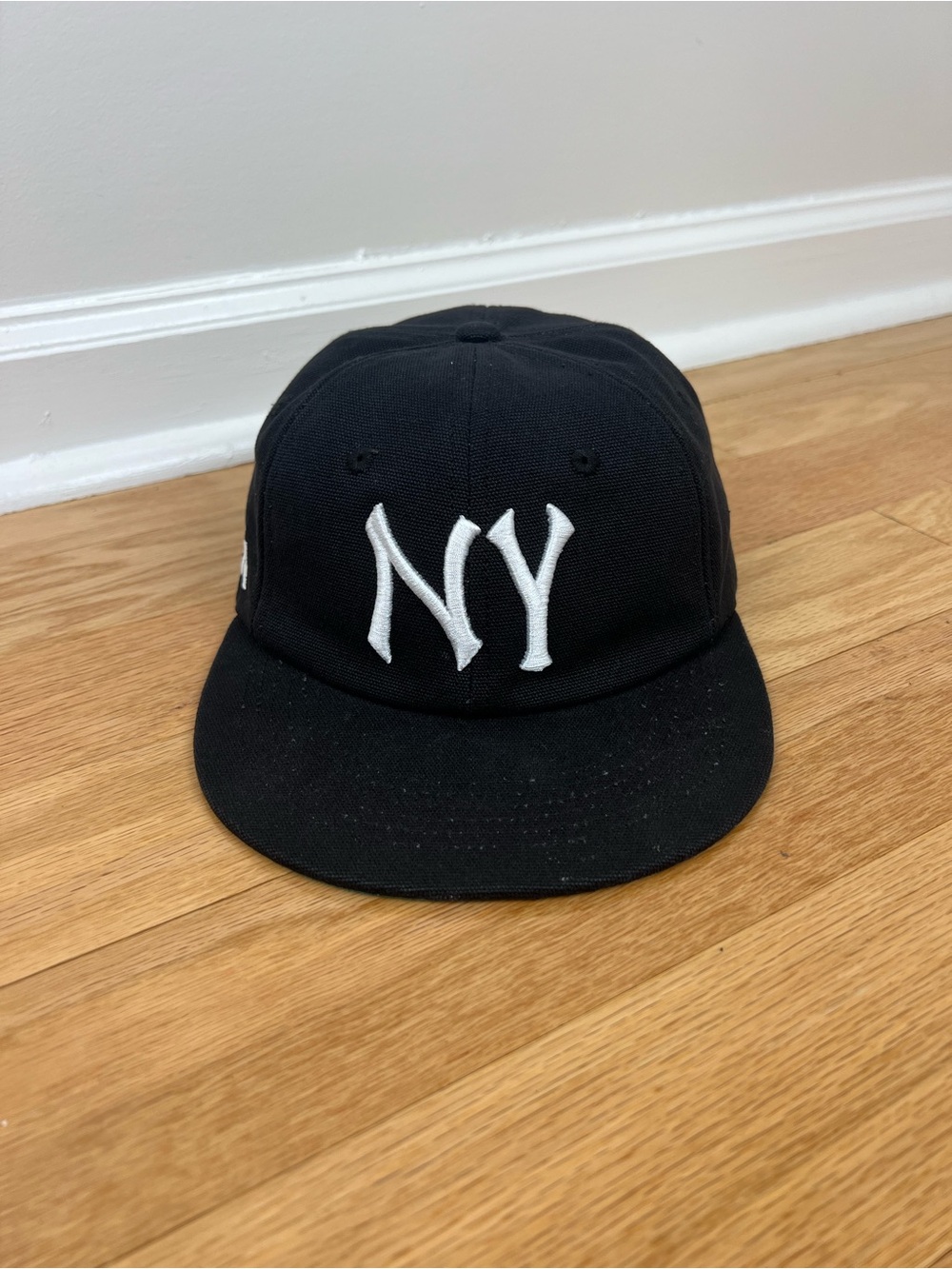 oMA Studios Black NY 5-Panel Hat with Teal Underbrim and Leather Strapback
